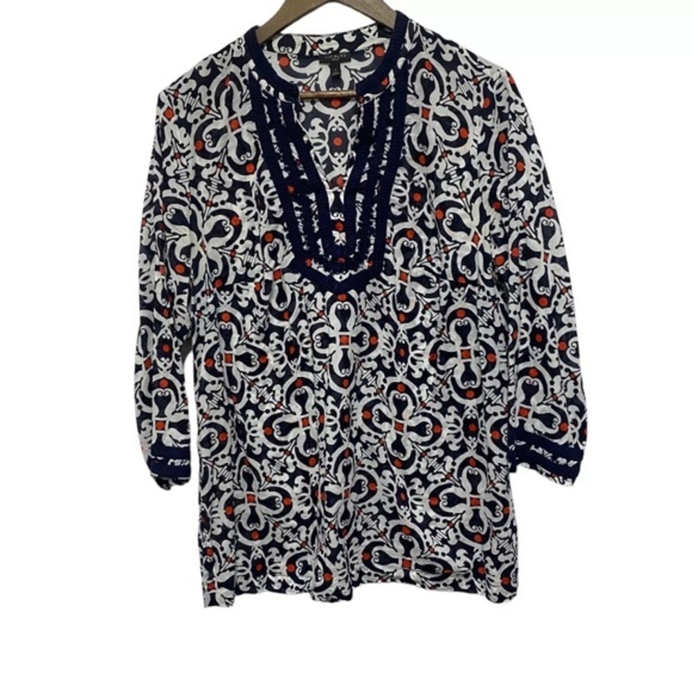Talbots Blouse Women X 12‎ 14 Navy Medallion Resort Tunic Long Sleeve Cover Up